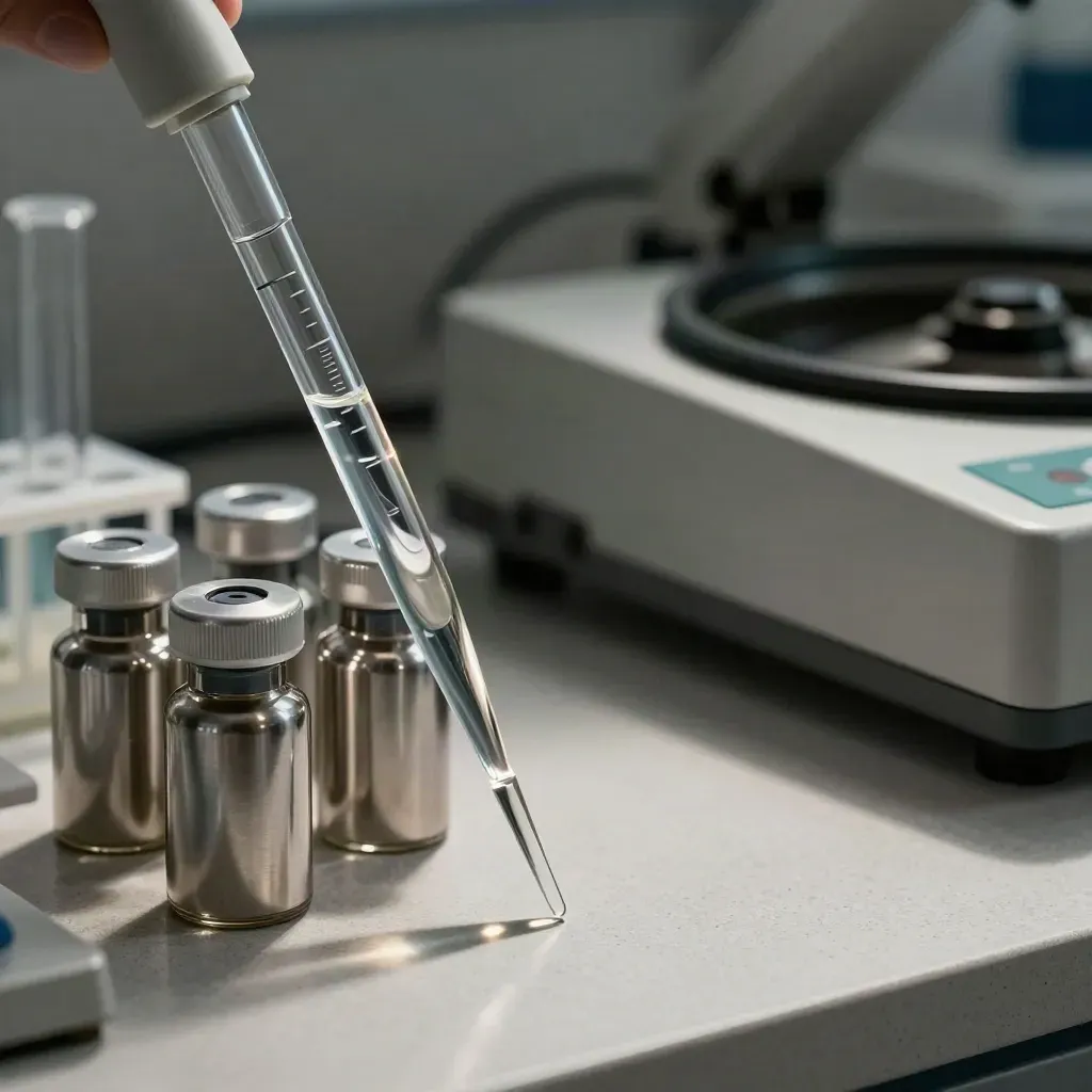 Glass pipettes, aluminium vials and a centrifuge rack on pale stone with teal accents.