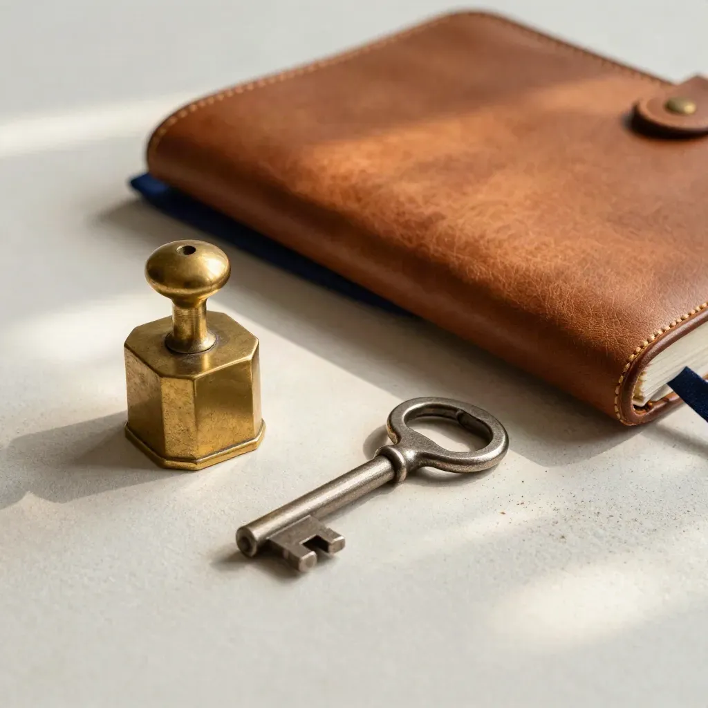 Brass ledger weight, steel vault key and leather notebook on pale plaster with soft daylight.