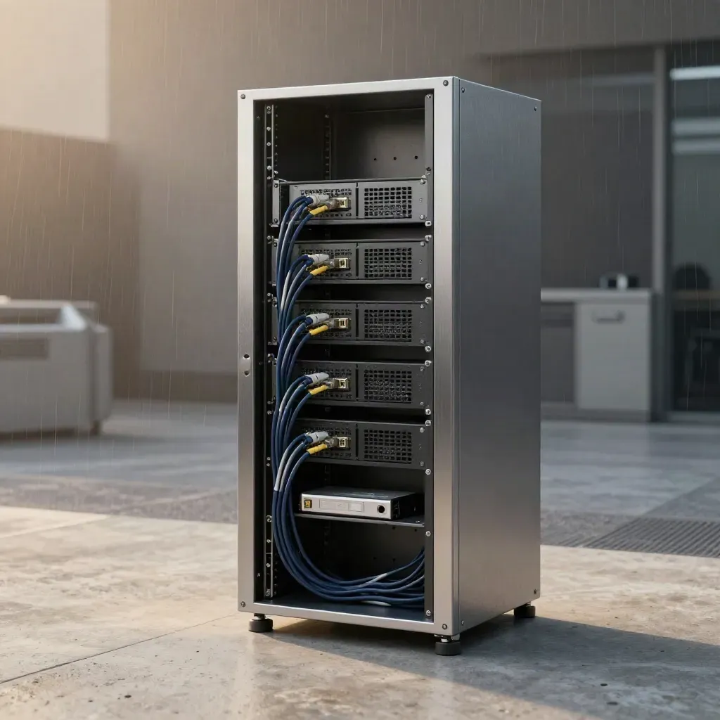 Open brushed-steel server rack with exposed servers, fibre leads and tape cartridge in soft rain mist.