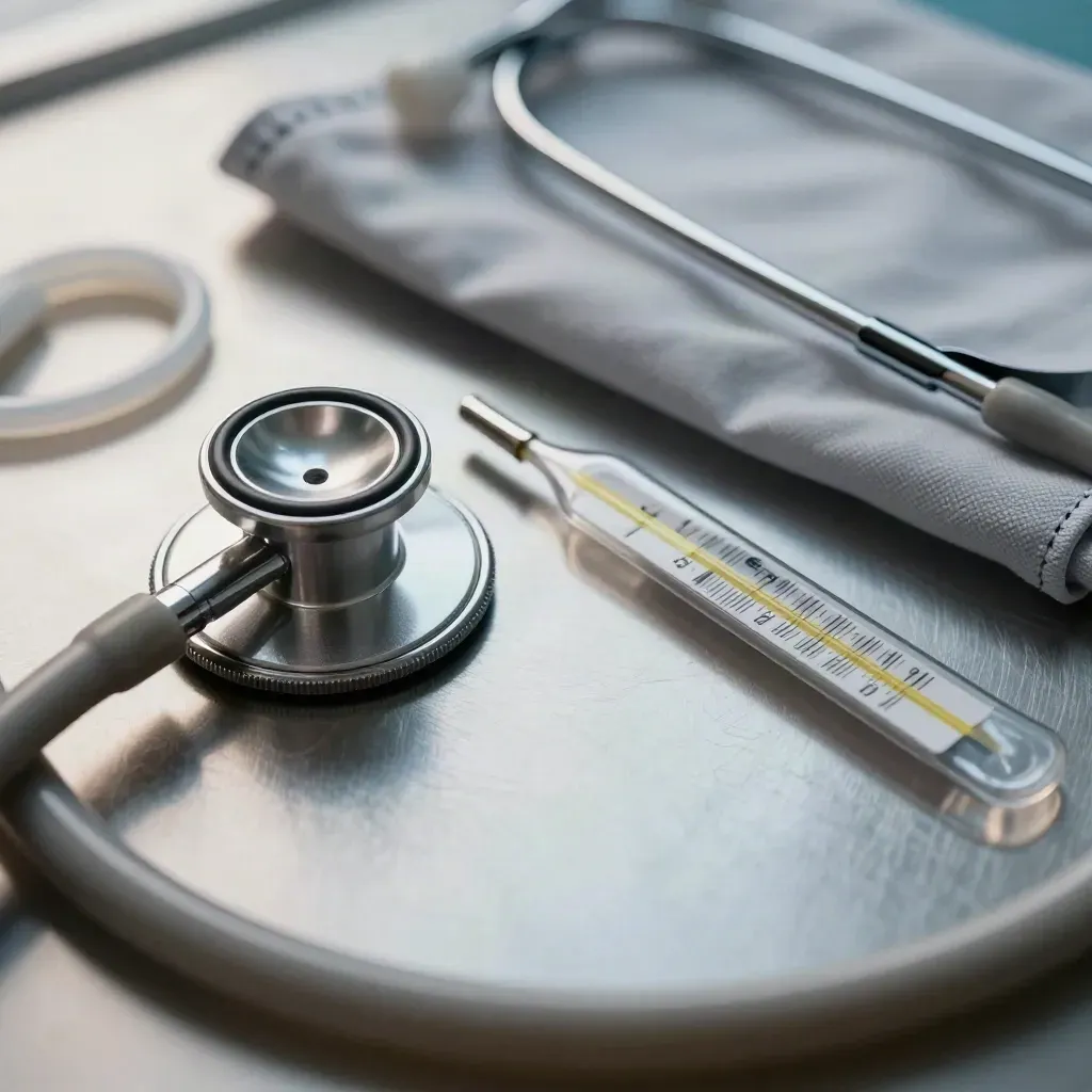 Macro overhead of a stethoscope, drape, and thermometer probe on brushed steel