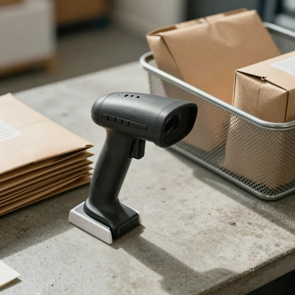 Top-down barcode scanner, kraft mailers and mesh basket on concrete with soft daylight.