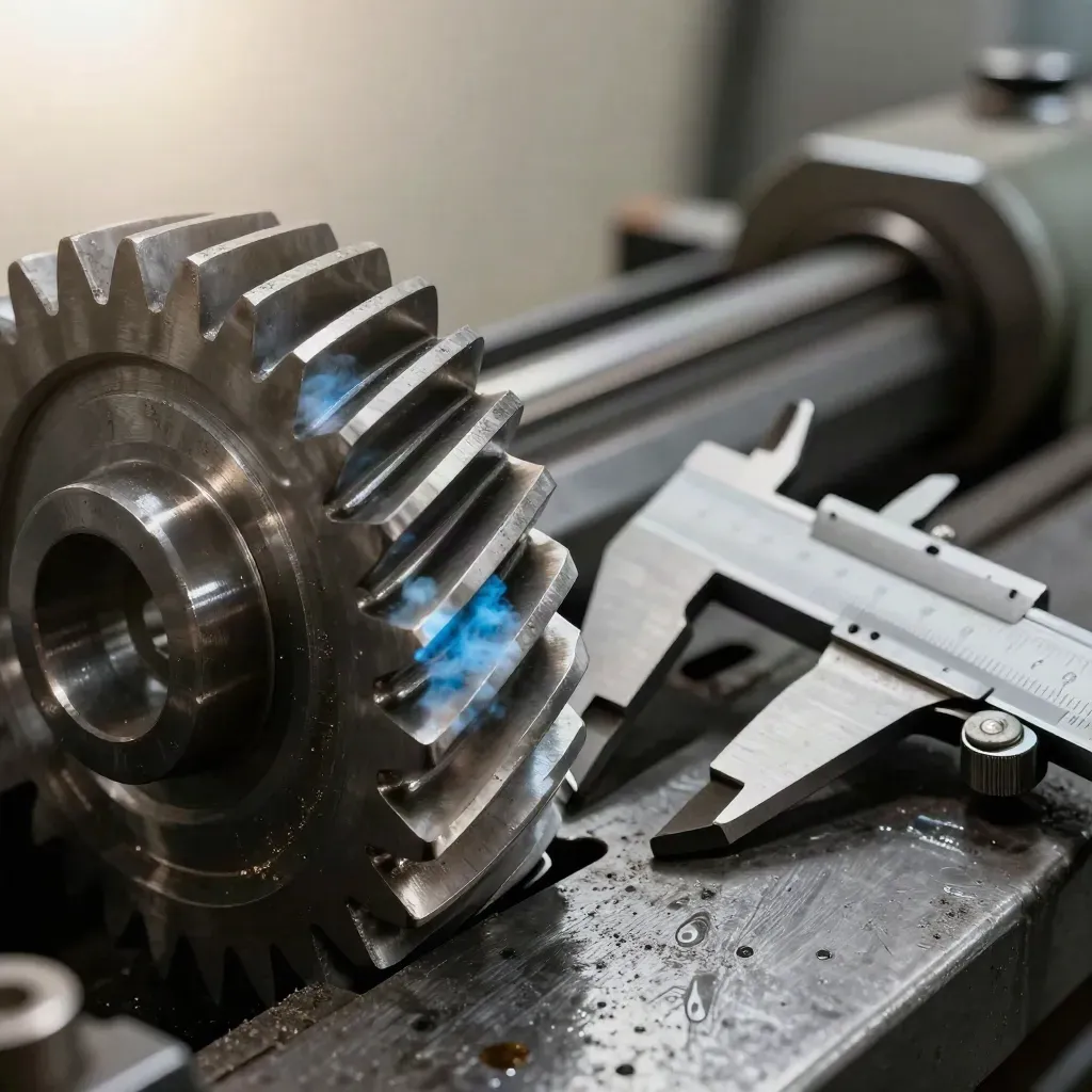 Gear blank, torque wrench head and caliper jaws on brushed steel in a workshop