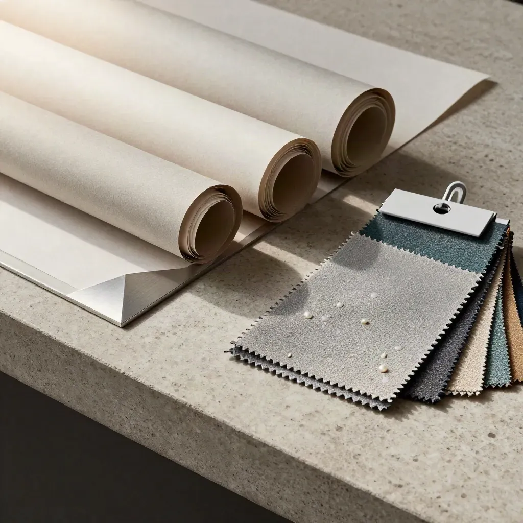 Travertine still life of art papers, an aluminium frame sample, and muted teal fabric swatches.