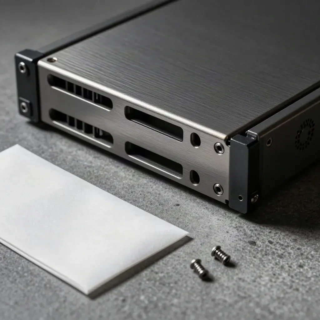 Hot-swap server drive caddy beside spare screws and an anti-static sleeve on graphite stone.