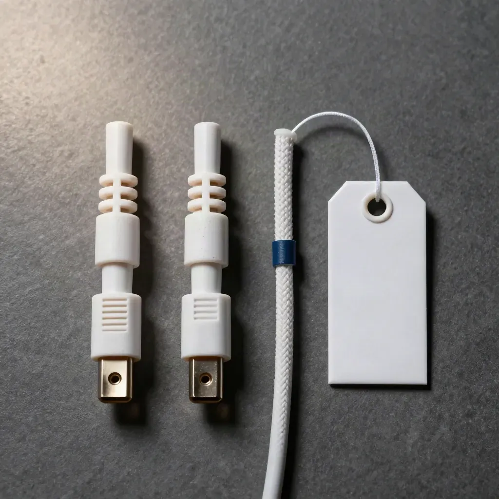 Extreme macro flat lay of fibre patch leads, tag loop and connector block on graphite stone.