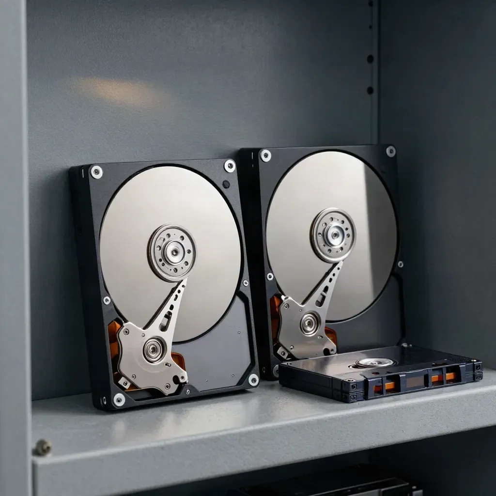 Two hard drives in sleeves beside a backup tape cartridge on a concrete shelf.