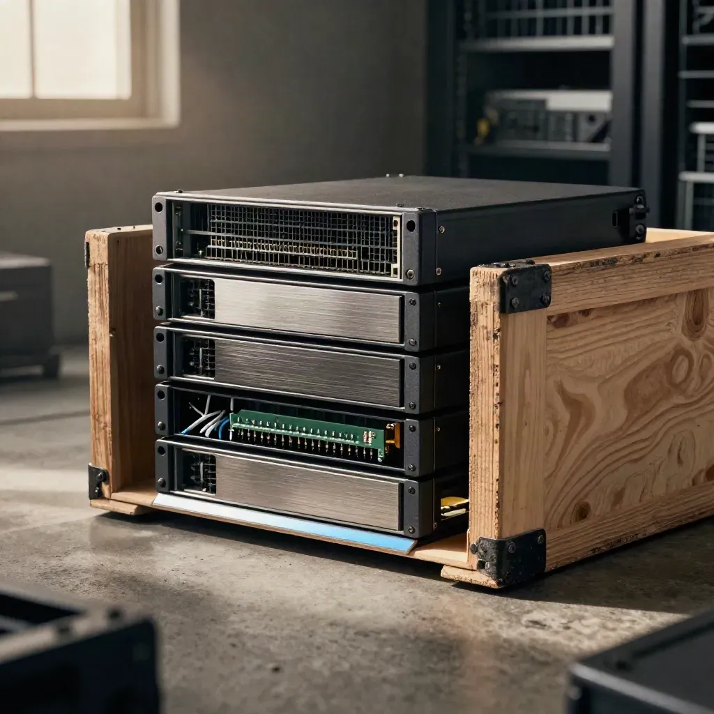 Mini server nodes, SSD tray, cable ties and shipping crate in dramatic light