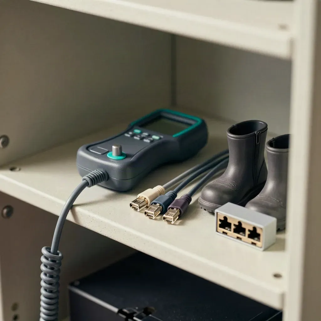 Macro of a cable tester, ethernet patch leads and face-down port blocks on concrete.