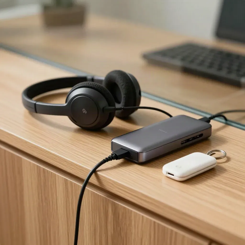 Headset, meeting puck, docking hub and key fob on a honey-oak surface