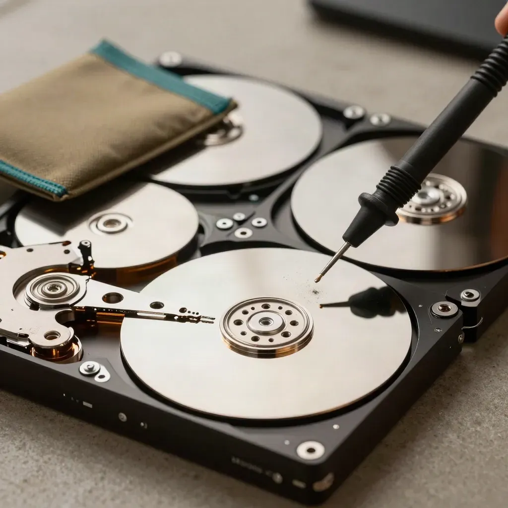Macro of hard drives, anti-static pouch and test probe on a stone surface with teal accent