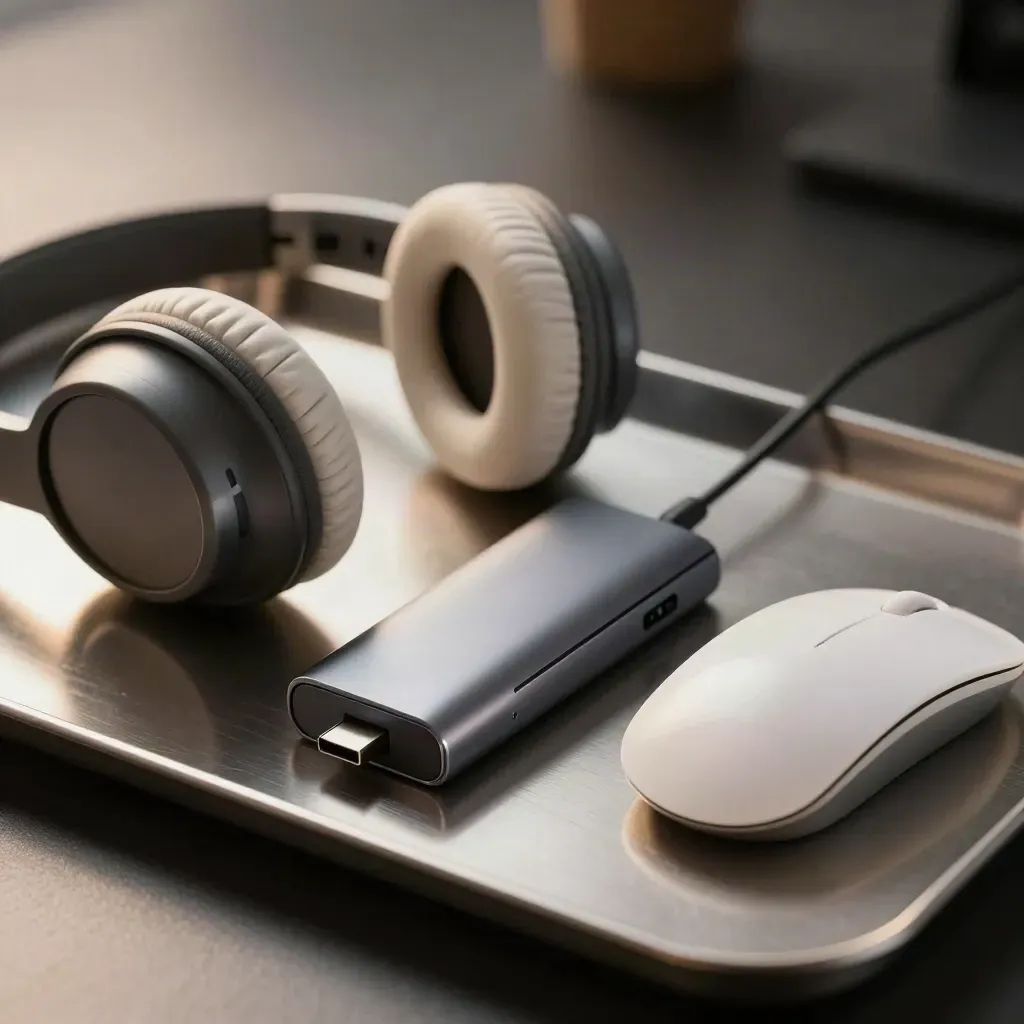 Headset, USB-C hub and mouse on a brushed metal tray in warm low light