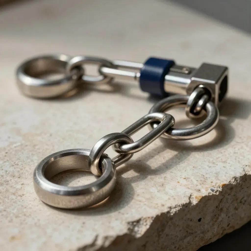 Aluminium rings, cable clips, and a connector block on pale stone with dramatic light