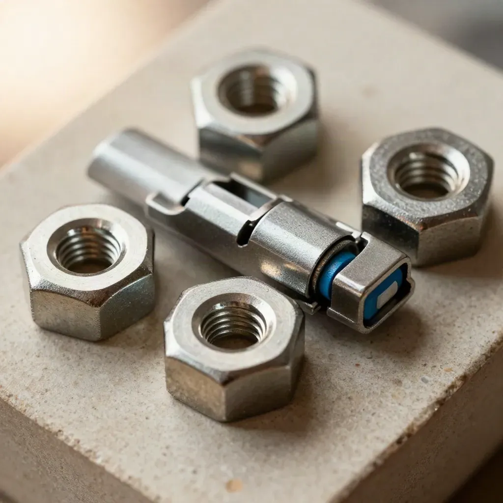 Macro of metal brackets, hex fasteners, and a hinge on stone with a subtle blue accent.