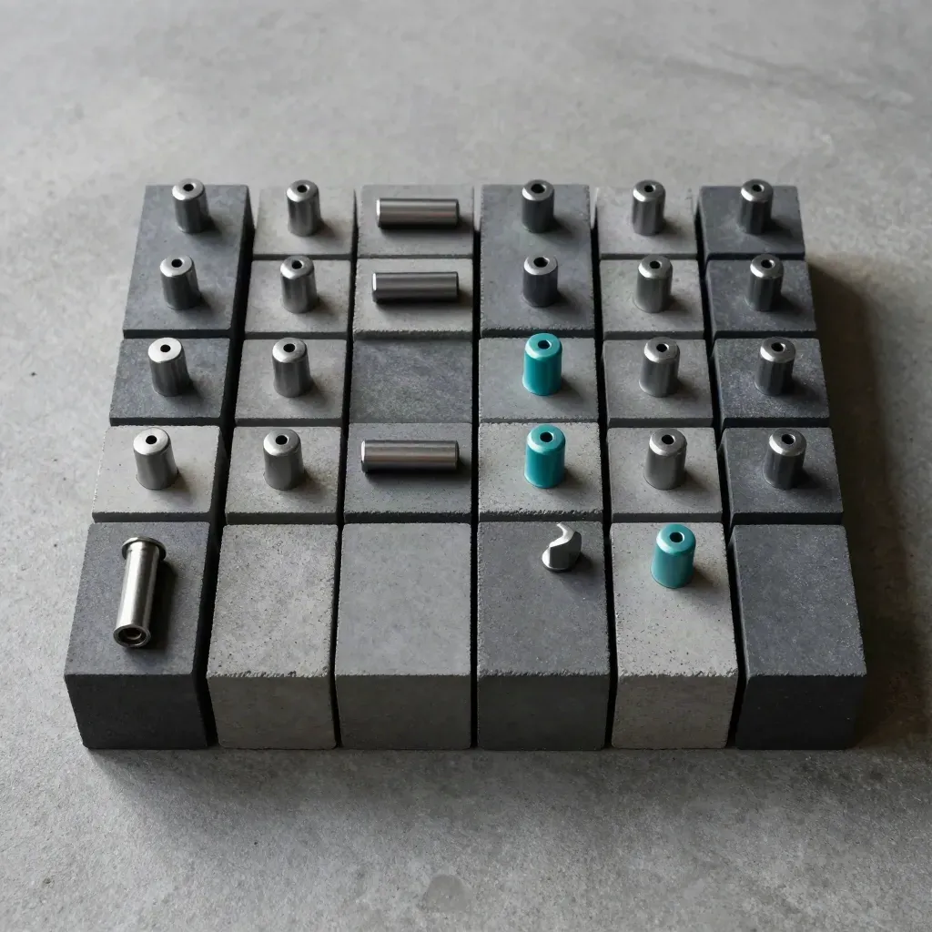 Top-down graphite blocks, spacer pegs and teal pins on concrete, lit with soft directional light.