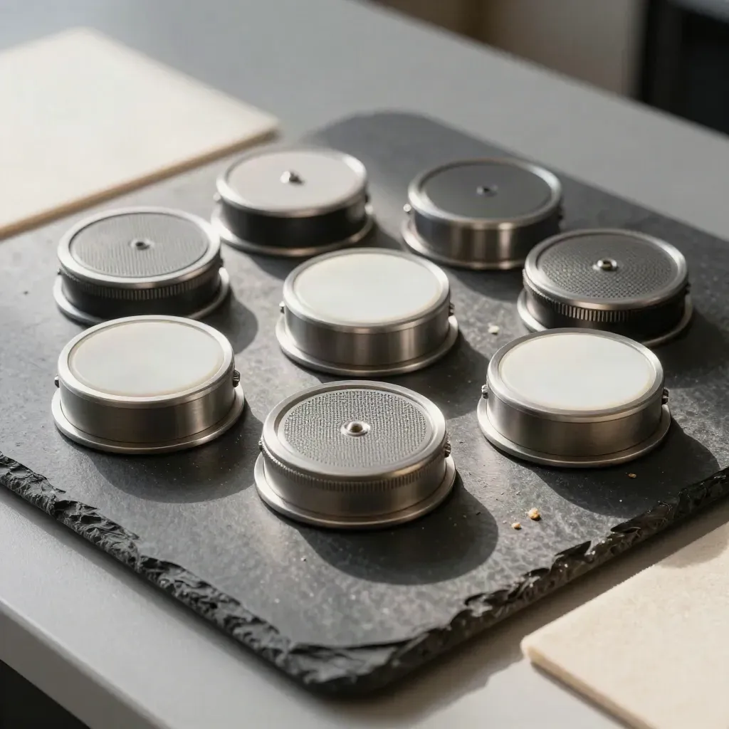 Overhead still life of sensor pucks, mesh discs and connector ferrules on graphite stone