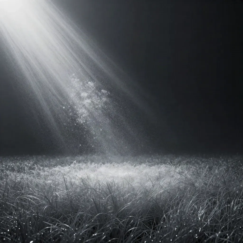 Silver light filaments converge into a soft white bloom in dark graphite space.